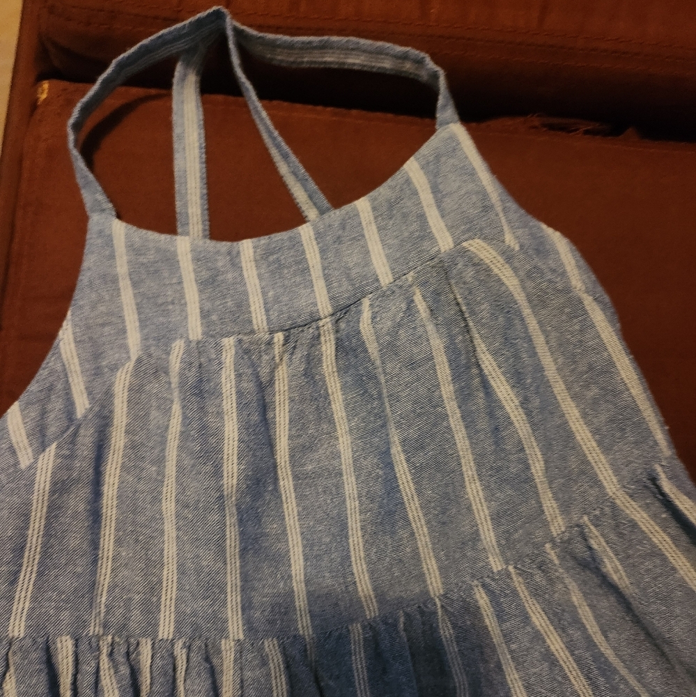 Blue and White Striped Cross Spaghetti  Strap Dress